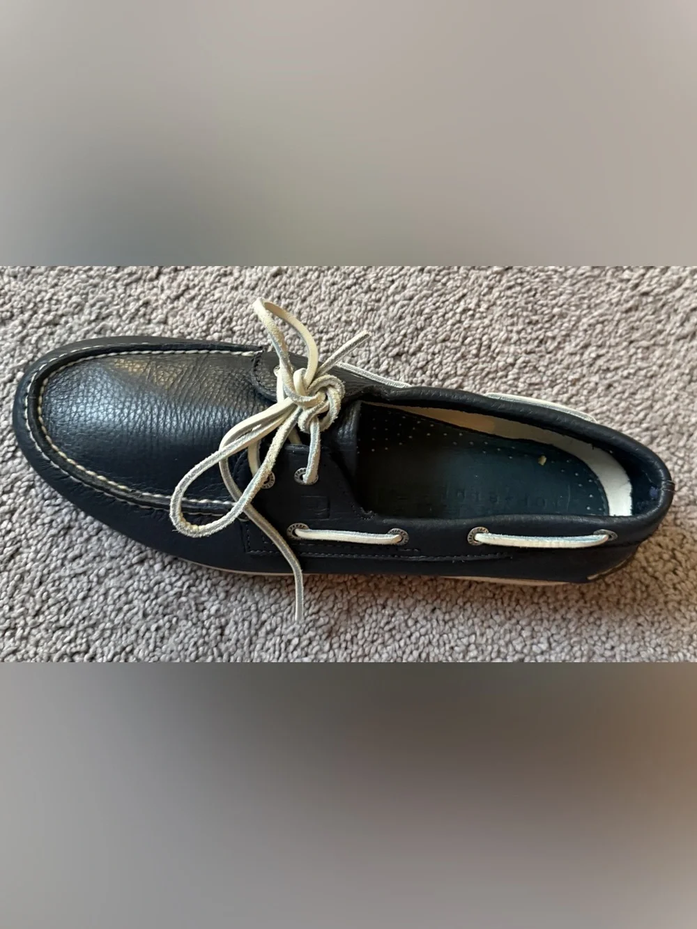 Sperry Navy Leather Boat Shoes with Cream Laces